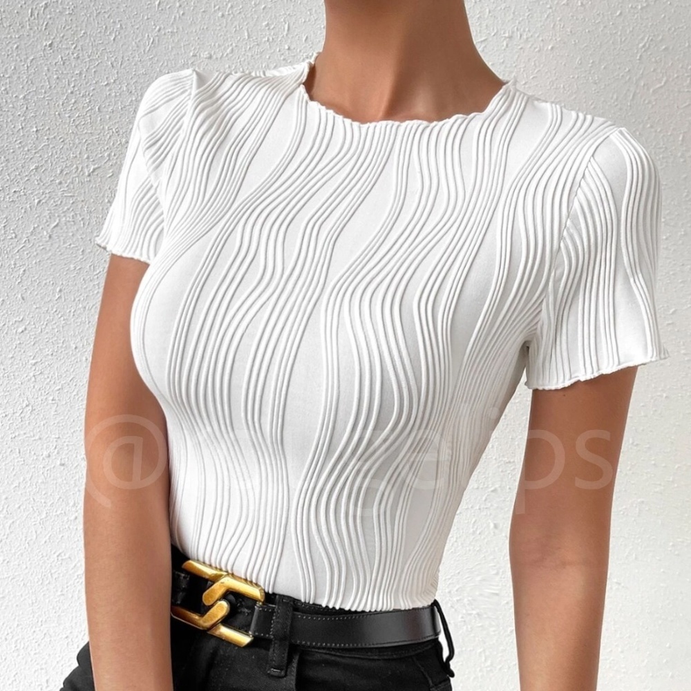 Textured White Short Sleeve Fitted Tee Shirt Top